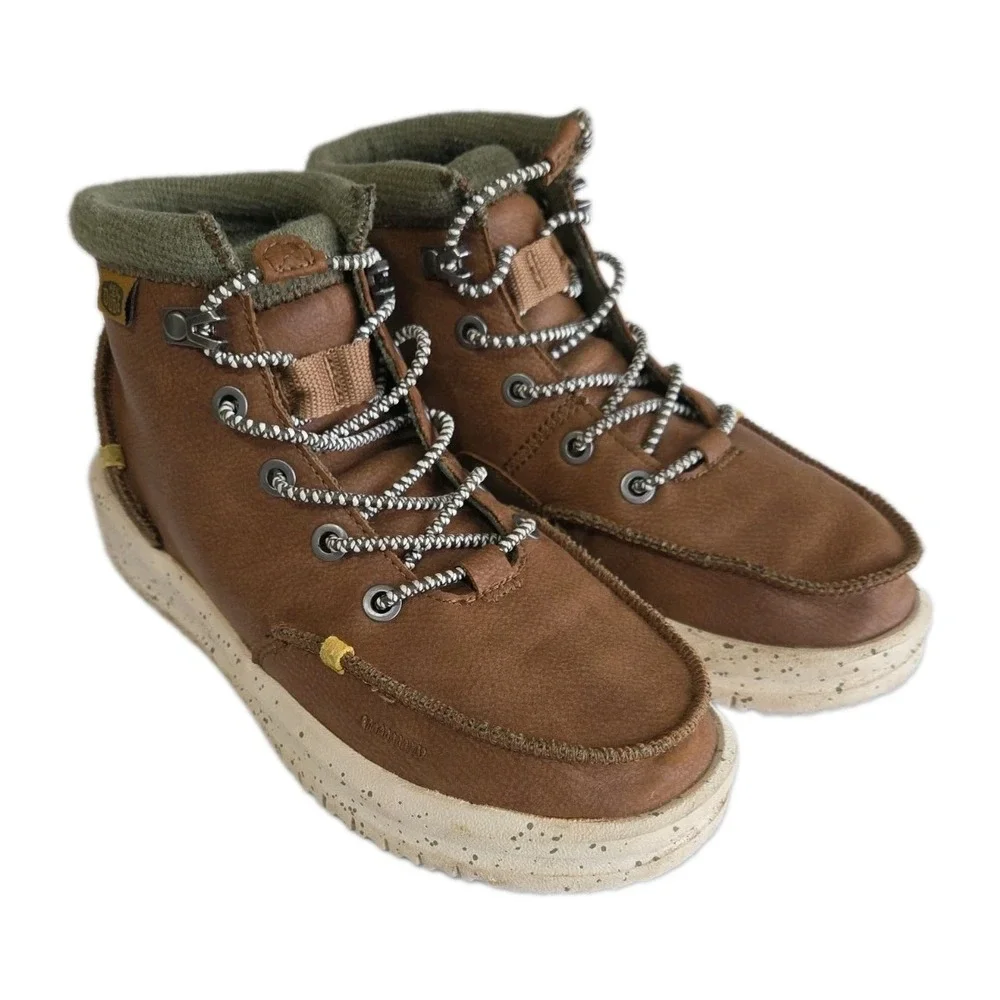 Hey Dude Boot Boys Sz 2  Leather Comfort Green Bradley Lightweight Walnut